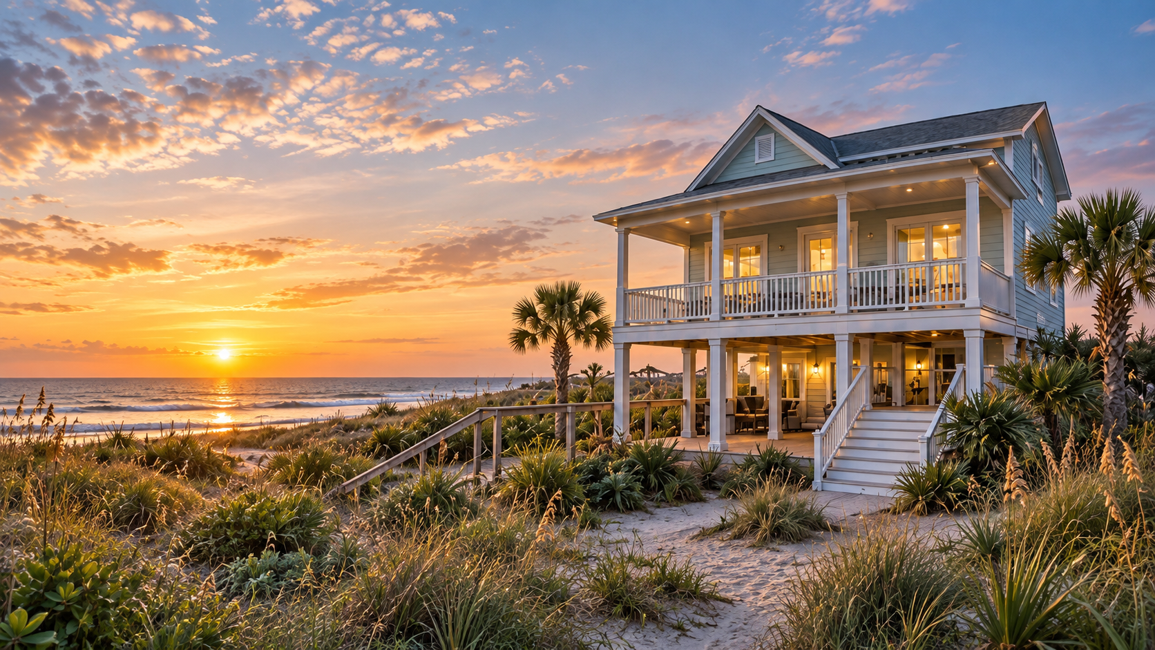 Luxury coastal vacation rental at sunset